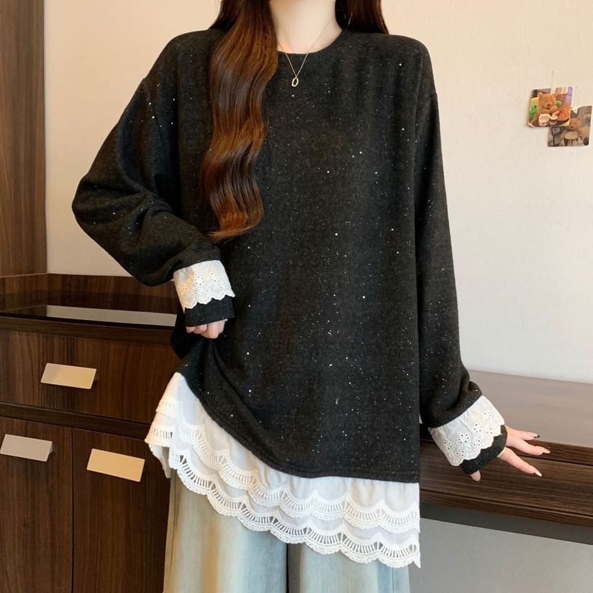 Crew Neck Long Sleeve Lace Hem Blouse