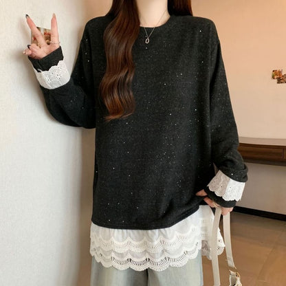 Crew Neck Long Sleeve Lace Hem Blouse