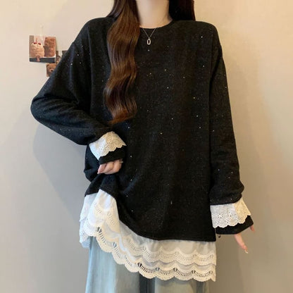 Crew Neck Long Sleeve Lace Hem Blouse
