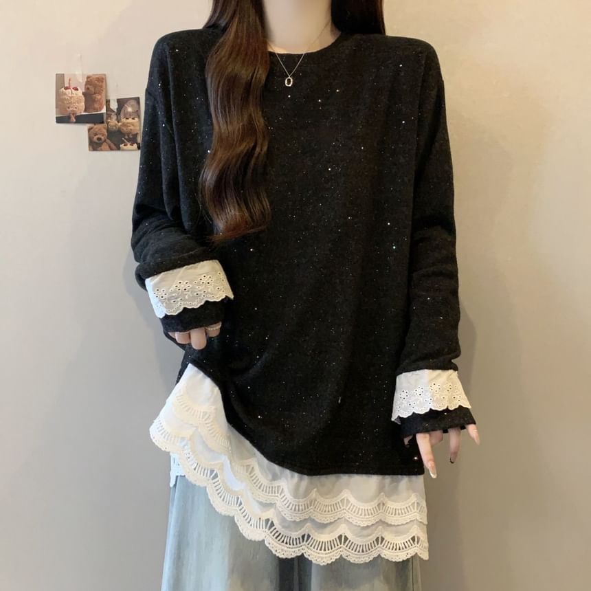 Crew Neck Long Sleeve Lace Hem Blouse
