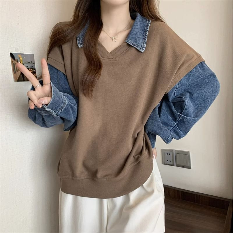 Denim Panel Collared Polo Sweatshirt