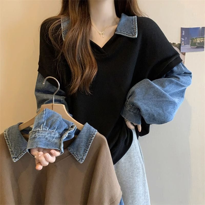 Denim Panel Collared Polo Sweatshirt