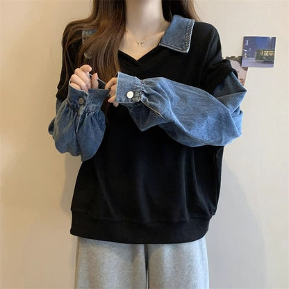 Denim Panel Collared Polo Sweatshirt