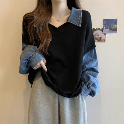 Denim Panel Collared Polo Sweatshirt