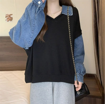 Denim Panel Collared Polo Sweatshirt