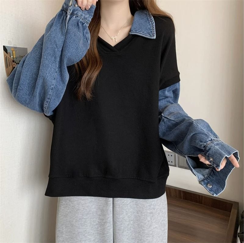 Denim Panel Collared Polo Sweatshirt