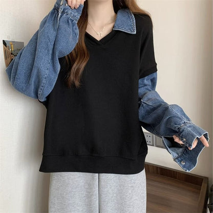 Denim Panel Collared Polo Sweatshirt