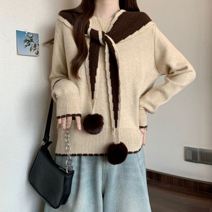 Crewneck Sweater with Pom Pom Shawl Set