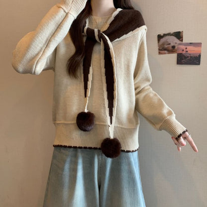 Crewneck Sweater with Pom Pom Shawl Set
