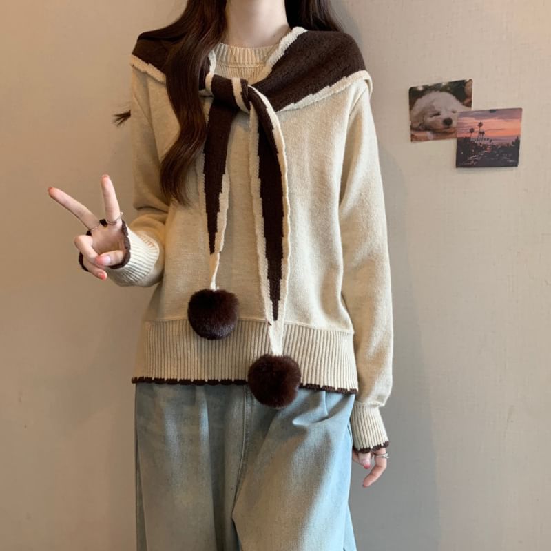 Crewneck Sweater with Pom Pom Shawl Set