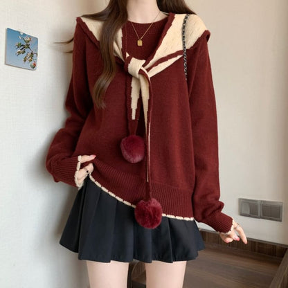 Crewneck Sweater with Pom Pom Shawl Set