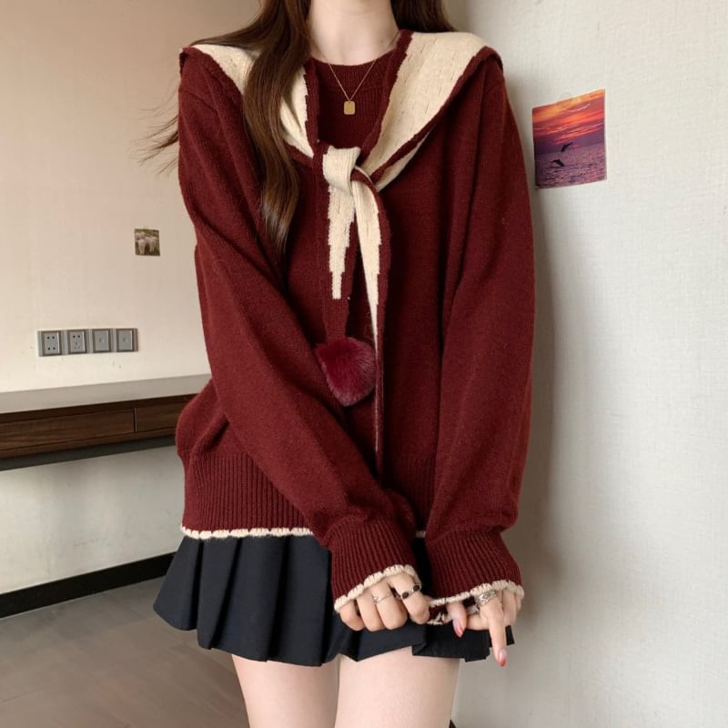 Crewneck Sweater with Pom Pom Shawl Set