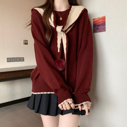 Crewneck Sweater with Pom Pom Shawl Set