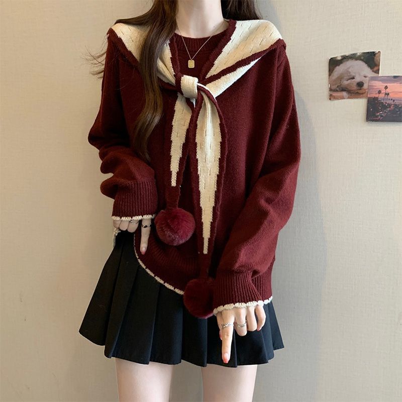 Crewneck Sweater with Pom Pom Shawl Set