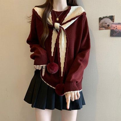 Crewneck Sweater with Pom Pom Shawl Set