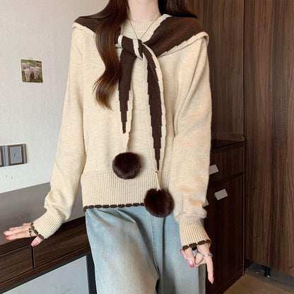 Crewneck Sweater with Pom Pom Shawl Set