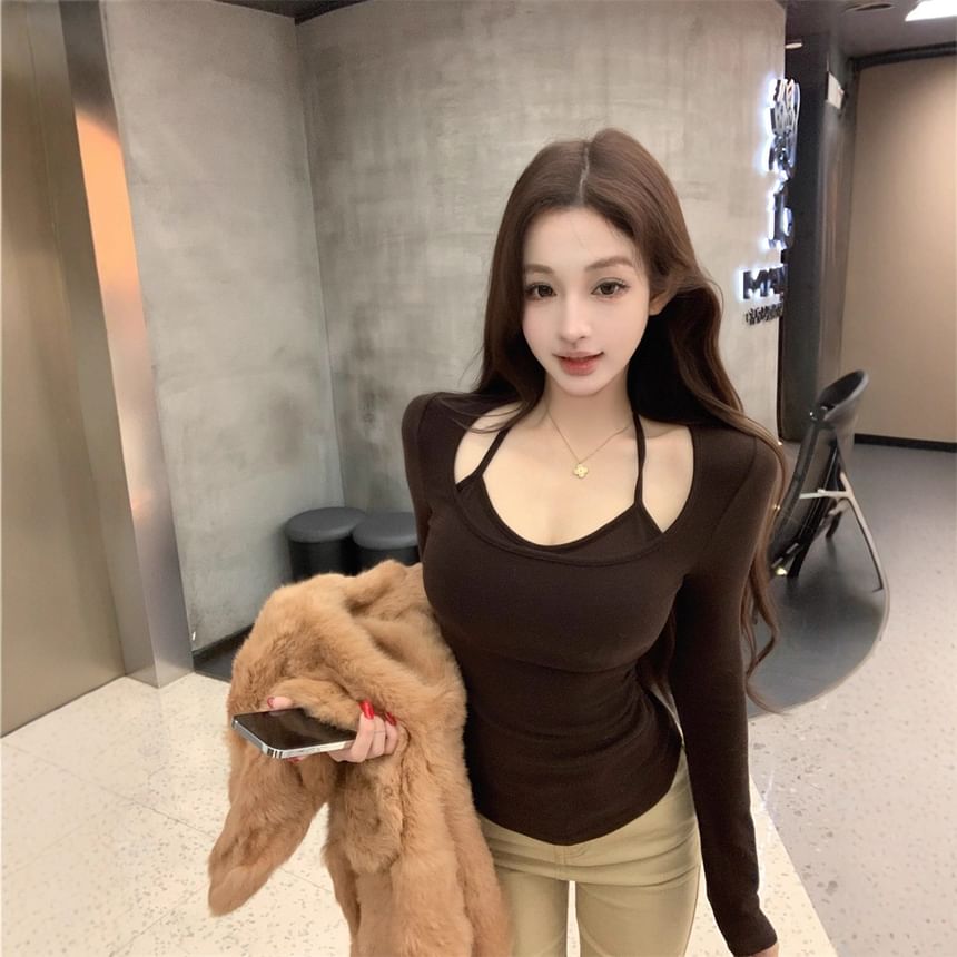 Halter Mock Two Piece Long Sleeve Top