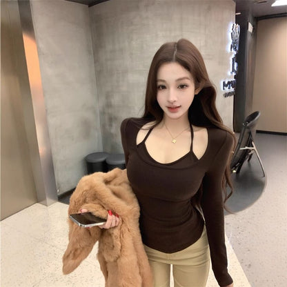 Halter Mock Two Piece Long Sleeve Top