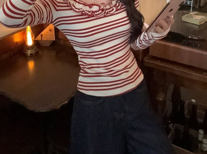 Scoop Neck Ruffle Striped Long Sleeve Top