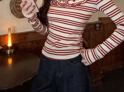 Scoop Neck Ruffle Striped Long Sleeve Top