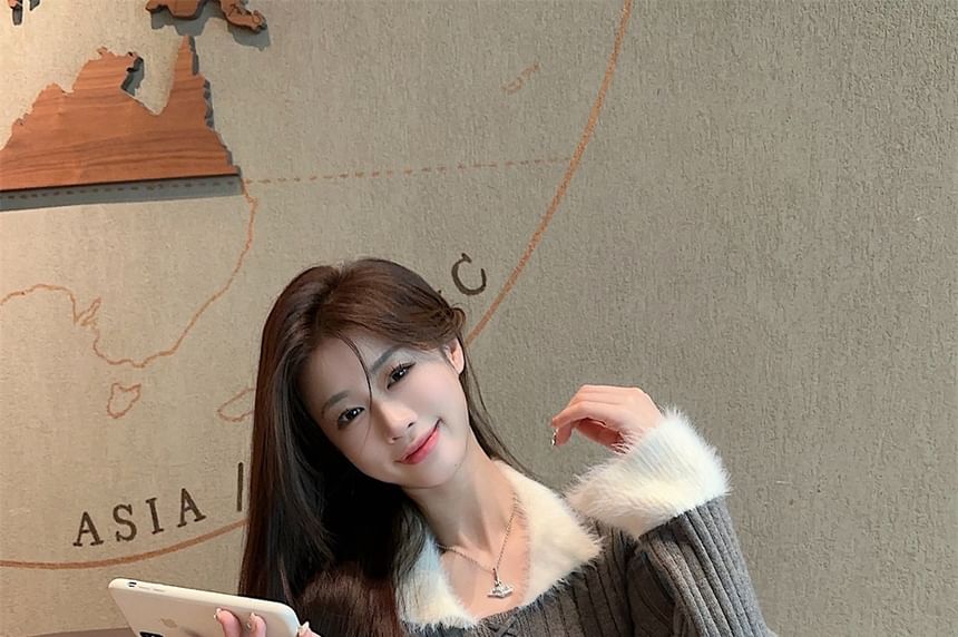 Two Tone Lace Up Collared Ribbed Knit Top