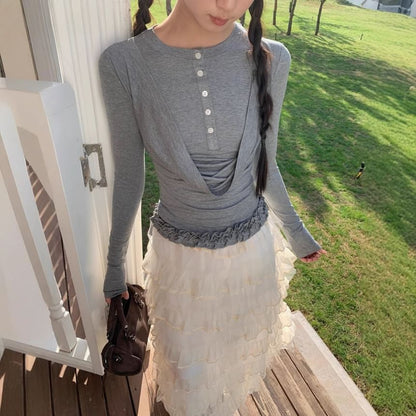 Round Neck Ruffle Button Two Piece Long Sleeve Top