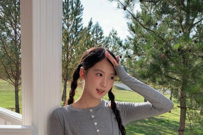 Round Neck Ruffle Button Two Piece Long Sleeve Top