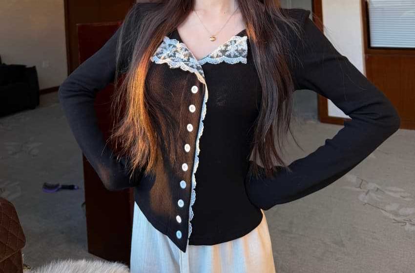 Open Placket Button Lace Long Sleeve Top
