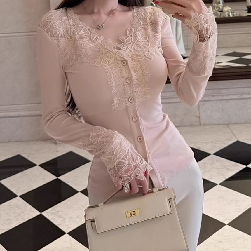 V-Neck Lace Button Trim Long Sleeve Top