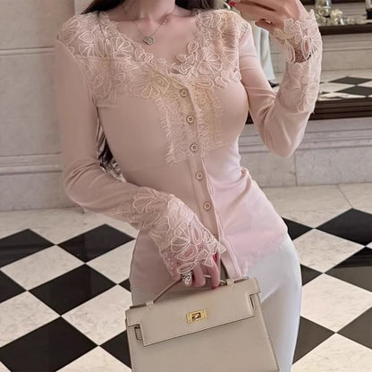 V-Neck Lace Button Trim Long Sleeve Top