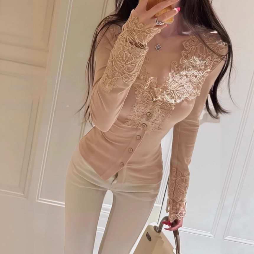 V-Neck Lace Button Trim Long Sleeve Top