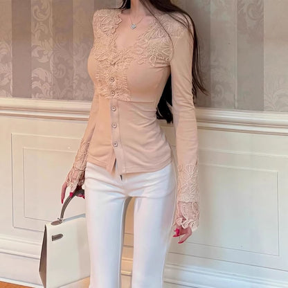 V-Neck Lace Button Trim Long Sleeve Top