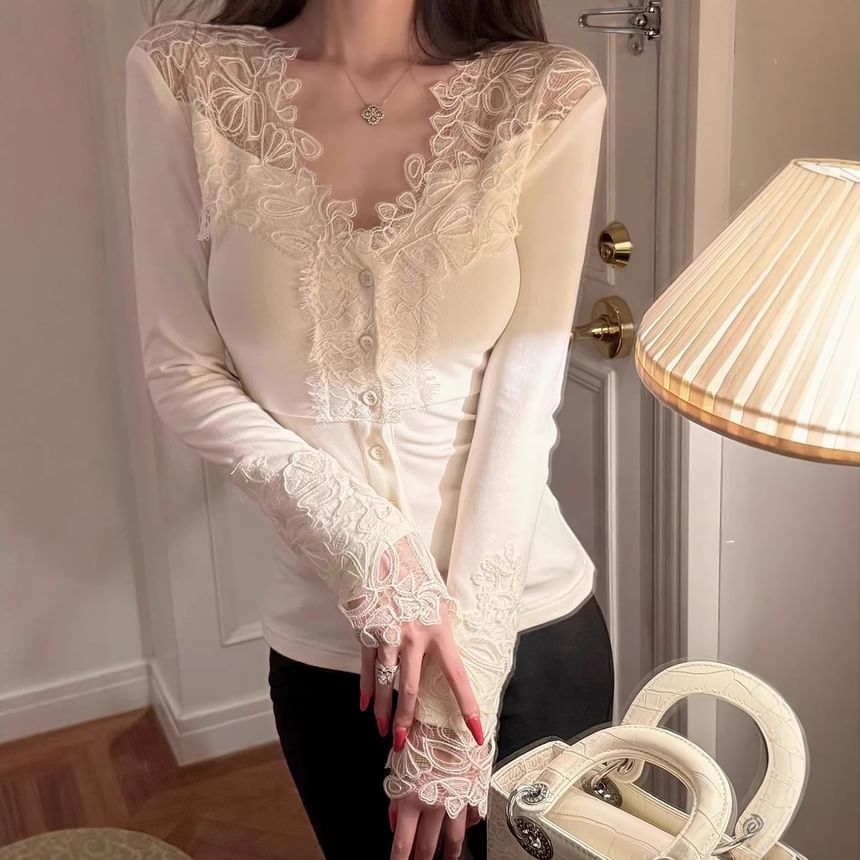 V-Neck Lace Button Trim Long Sleeve Top