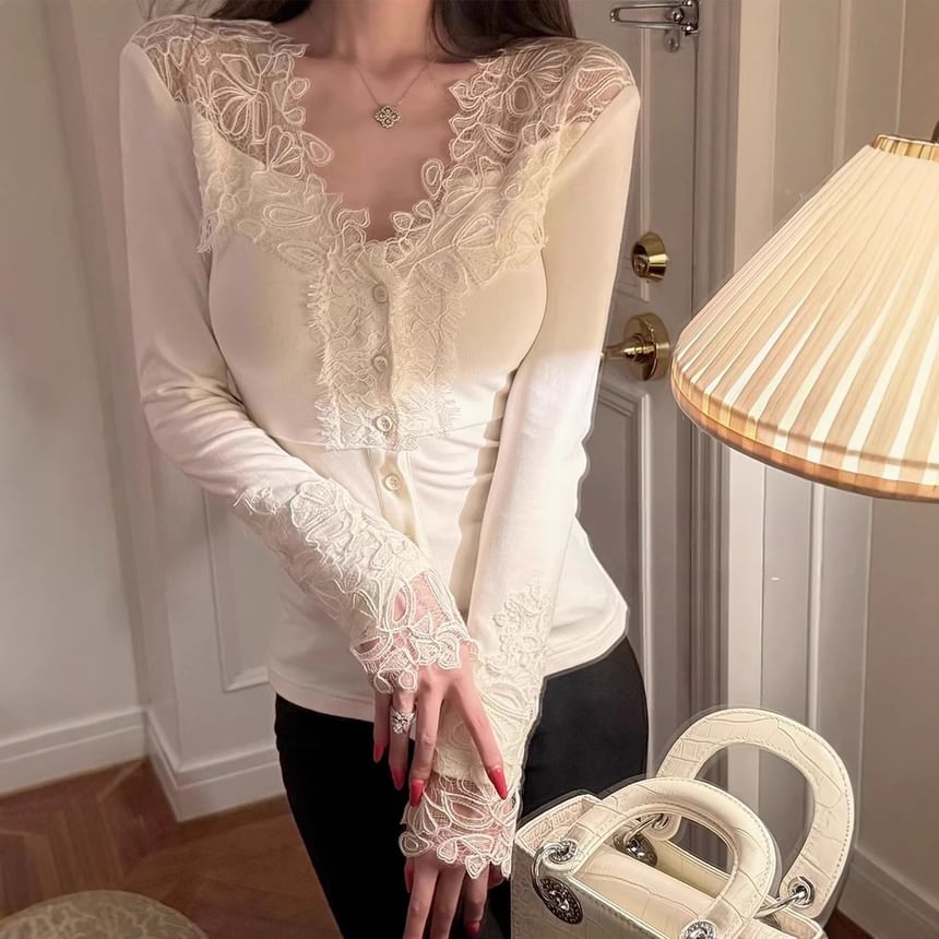 V-Neck Lace Button Trim Long Sleeve Top