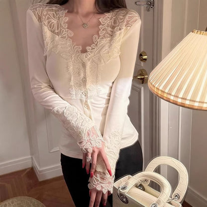 V-Neck Lace Button Trim Long Sleeve Top
