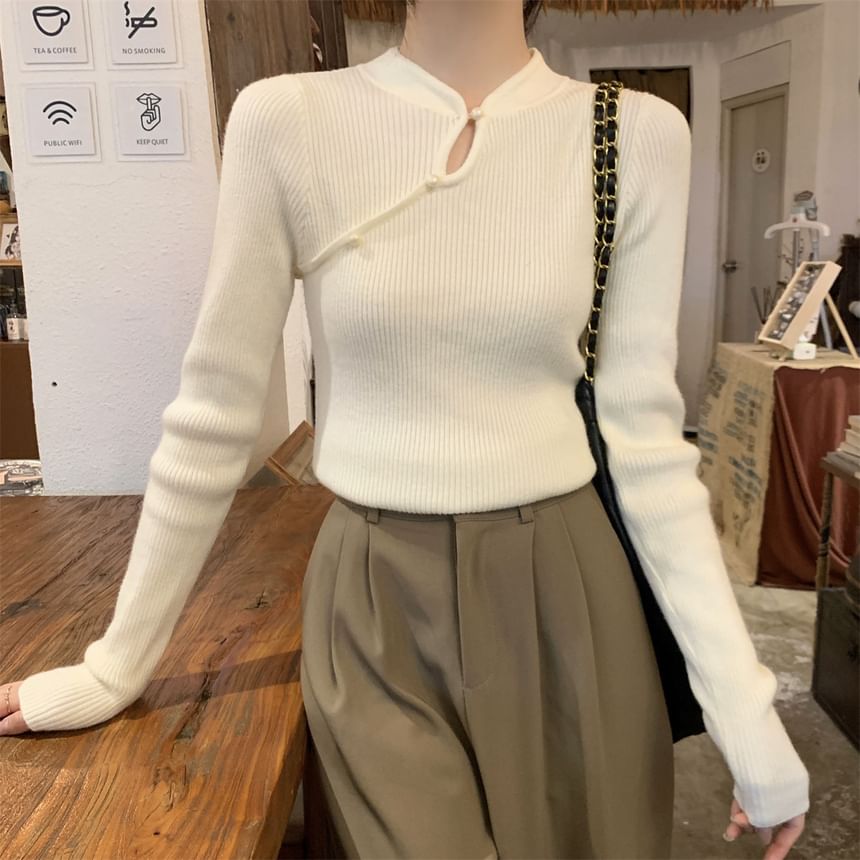 Stand Collar Keyhole Pearl Ribbed Knit Top