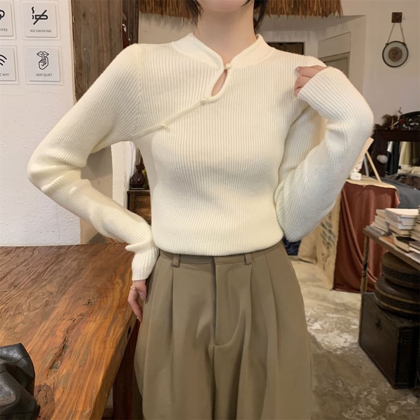 Stand Collar Keyhole Pearl Ribbed Knit Top