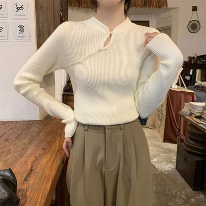 Stand Collar Keyhole Pearl Ribbed Knit Top