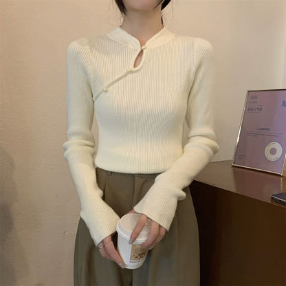 Stand Collar Keyhole Pearl Ribbed Knit Top