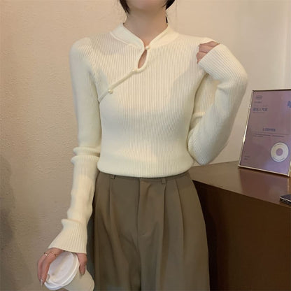 Stand Collar Keyhole Pearl Ribbed Knit Top
