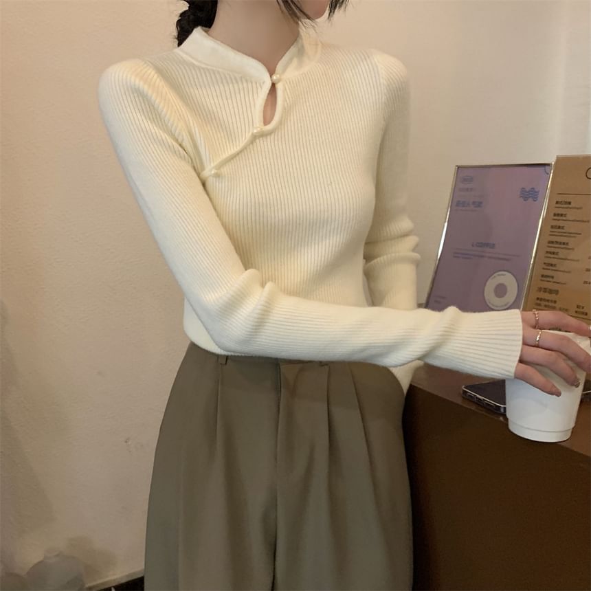 Stand Collar Keyhole Pearl Ribbed Knit Top