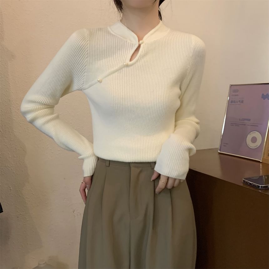 Stand Collar Keyhole Pearl Ribbed Knit Top