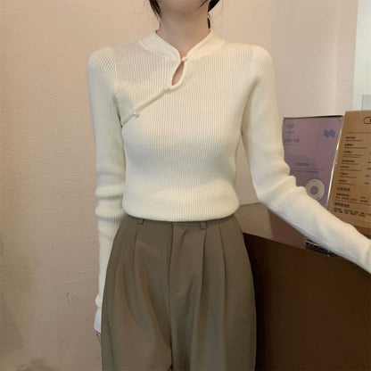 Stand Collar Keyhole Pearl Ribbed Knit Top