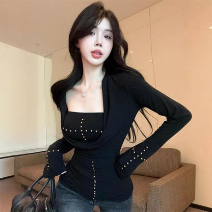Cowl Neck Studded Top with Tube Top Set