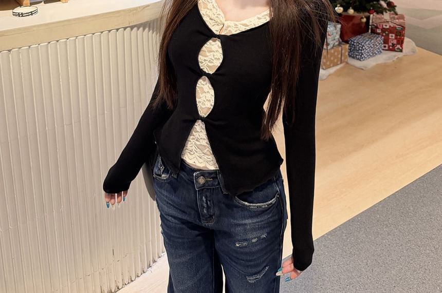 V-Neck Mock Two Piece Lace Panel Top