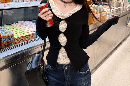 V-Neck Mock Two Piece Lace Panel Top