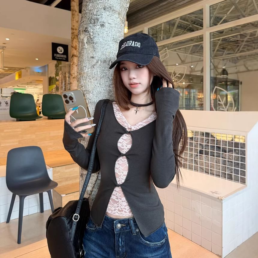 V-Neck Mock Two Piece Lace Panel Top