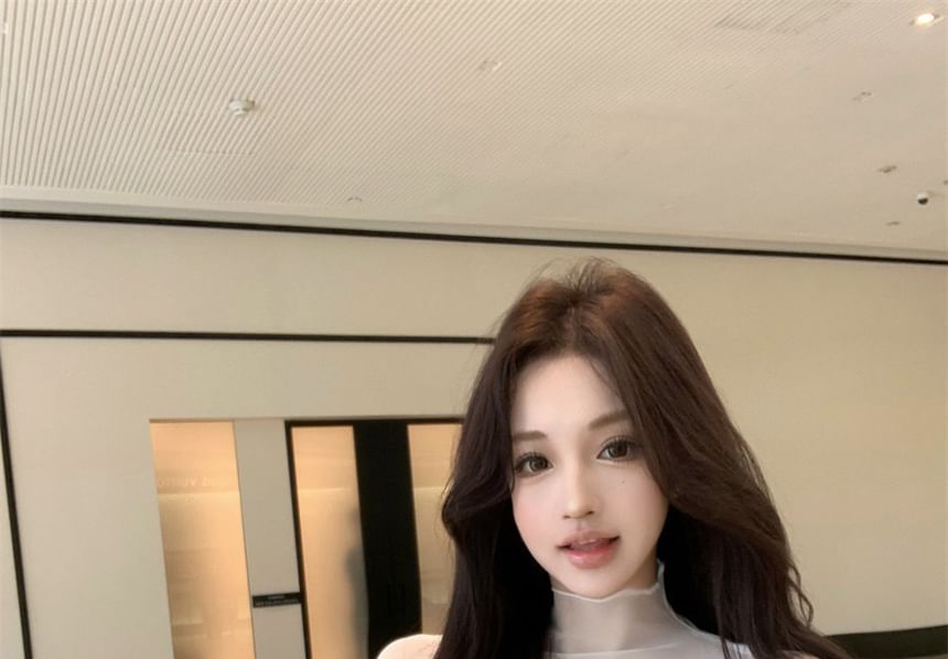 Mock Neck Mesh Panel Long Sleeve Top