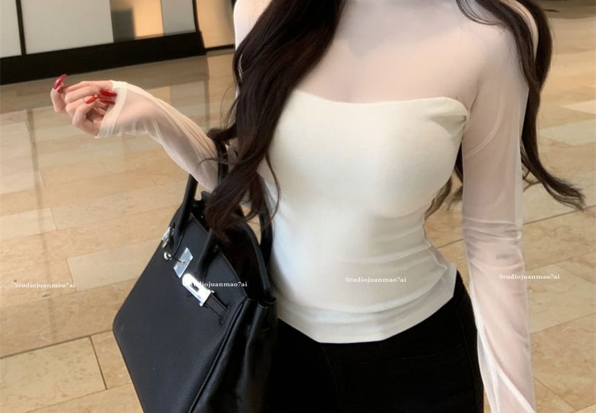 Mock Neck Mesh Panel Long Sleeve Top