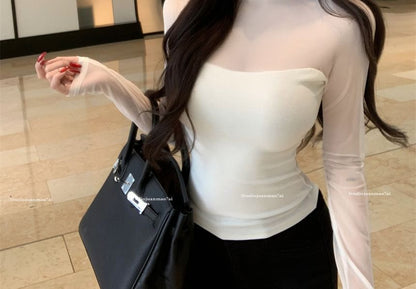 Mock Neck Mesh Panel Long Sleeve Top